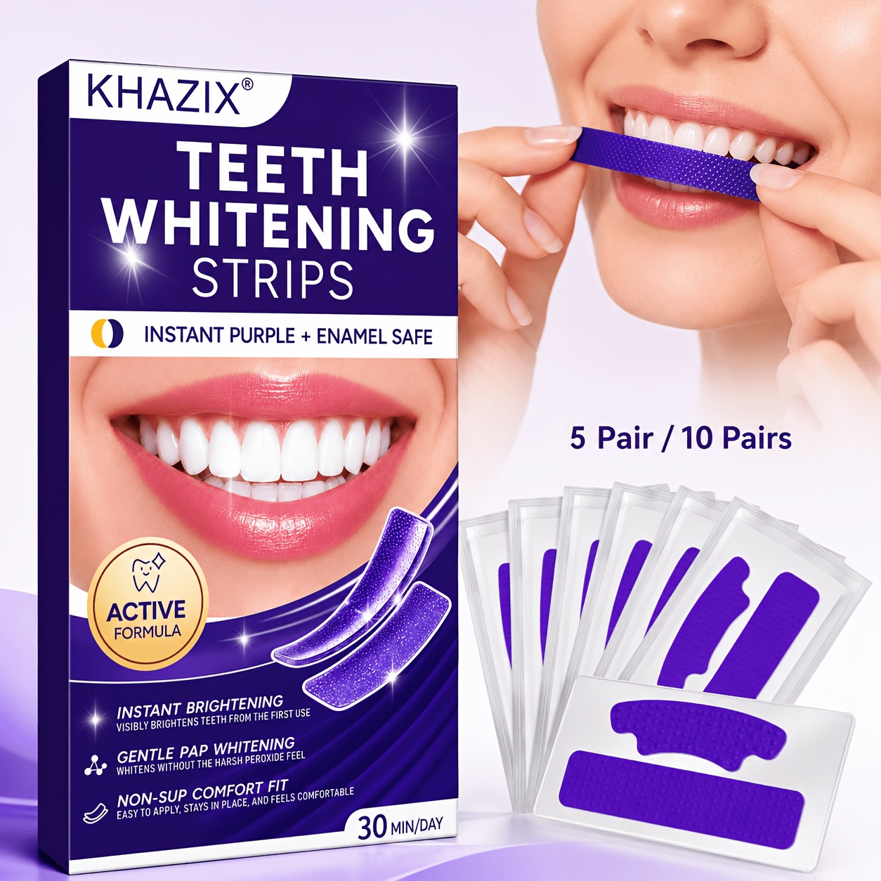 Teeth Whitening Strips Permanent - 5/10 pares de tiras moradas para